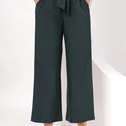 ETC Women Teal Green Relaxed Fit Mid-Rise Cotton Plain Culottes Trousers-image-5