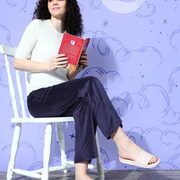 DRAPE IN VOGUE Women Deep Navy Blue Solid Velvet Lounge Pants-image-60