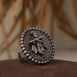 VENI Oxidized Silver-Plated Krishna Adjustable Finger Ring-4