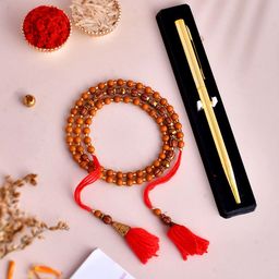 Shoshaa Rudraksh Men Beaded Bhaiya Rakhi with Pen & Roli Chawal Gift Set-image-26