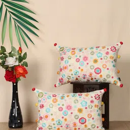 SHADES of LIFE 2 Pieces Cream-Coloured & Blue Embroidered Cotton Rectangle Cushion Covers-21