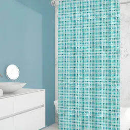 ArtzFolio Turquoise-Blue & White Checked Waterproof Shower Curtain-3