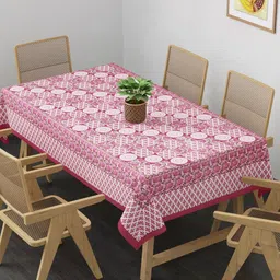 Clasiko White & Pink Floral Printed Pure Cotton 6-Seater Rectangle Table Cover-41