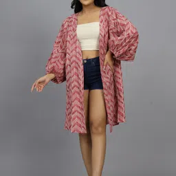 HANDICRAFT PALACE Abstract Printed Embellished Pure Cotton Longline Open Front Shrug-8