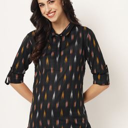 KALINI Geometric Print Roll-Up Sleeves Cotton Shirt Style Longline Top-image-86