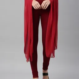 TWIN BIRDS Women Set Of 2 Maroon Solid Churidar-Length Leggings & Shawl-image-36