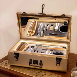 haus of bars by speedx Matt Gold with Tan Leather Stripes 12 Pcs Portable Trunk Bar Set-picture-4