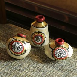 ExclusiveLane Set of 3 White Terracotta Warli Miniature Pots-52
