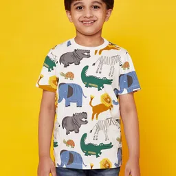 SPUNKIES Boys White  Organic MR SAFARI ANIMAL TOP Printed Organic Cotton T-shirt-image-24