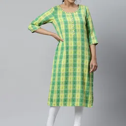 AURELIA Women Green Checked Thread Work Straight Kurta-image-65