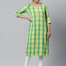AURELIA Women Green Checked Thread Work Kurta-image-68