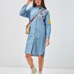 Bewakoof Disney Applique Oversized Shirt Style Denim Dress-picture-10