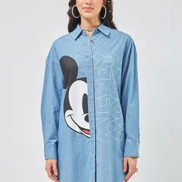 Bewakoof Mickey Mouse Printed Super Loose Fit Shirt Style Denim Dress-image-38