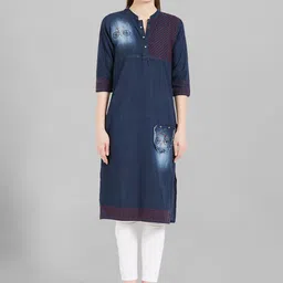 Kvsfab Mandarin Collar Thread Work Denim Straight Cotton Kurta-image-54