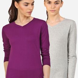 appulse Women Grey Melange & Purple Pack of 2 Slim Fit Cotton Running T-shirt-image-96