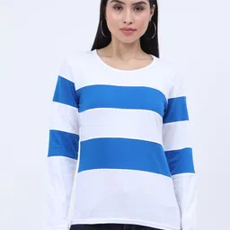 Fleximaa Women Off White & Blue Striped Extended Sleeves Cotton T-shirt-picture-55