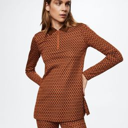 MANGO Women Brown & Rust Orange Geometric Pattern Polo Collar Knitted Longline T-shirt-10