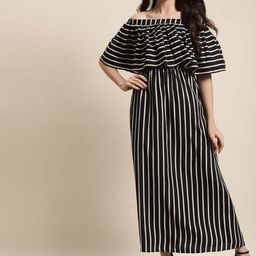 Qurvii Black & White Striped Off-Shoulder Layered Crepe Maxi Dress-picture-43