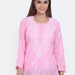 PARAMOUNT CHIKAN Pink & White Floral Embroidered Chikankari Chikankari Kurti-image-81