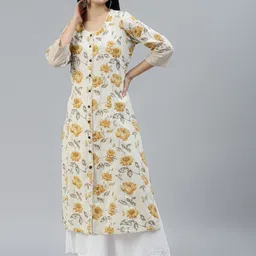 Divena Women Cream-Coloured & Mustard Yellow Floral Printed Floral Kurta-picture-14
