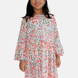 KiddoPanti Girls Floral Printed Boat Neck Gotta Patti A-Line Pleated Kurta-40