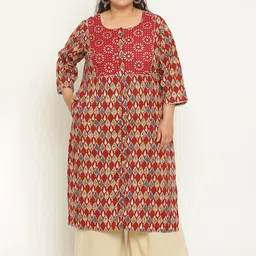 Sringam Plus Size Ethnic Motifs Printed Mandarin Collar Gotta Patti Cotton Kurta-image-47