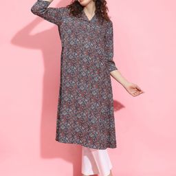 Oxolloxo Floral Printed V-Neck Three-Quarter Sleeves A-Line Kurta-image-89