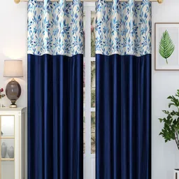 Homefab India Stylish Fern Navy Blue & White 2 Pieces Floral Printed Long Door Curtains-48