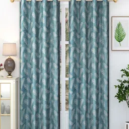 Homefab India 2 Pieces Blue & White Floral Long Door Curtain-image-5