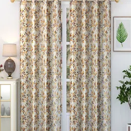 Homefab India Fern Brown & Cream-Coloured 2 Pcs Floral Printed Long Door Curtains-16