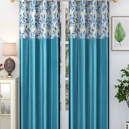Homefab India Stylish Fern Blue & White 2 Pieces Floral Printed Long Door Curtain-39