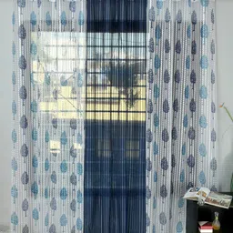 Homefab India Navy Blue & White 3 Pieces Floral Printed Sheer Long Door Curtains-18