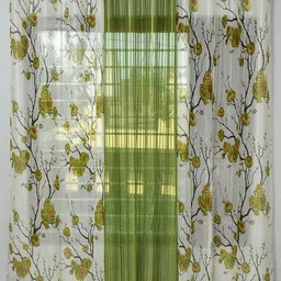 Homefab India Green & White 3 Pieces Floral Printed Sheer Long Door Curtains-image-7