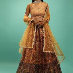 FABPIXEL Yellow & Maroon Embellished Semi-Stitched Lehenga & Unstitched Blouse With Dupatta-39