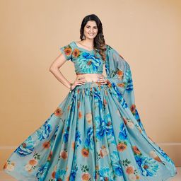 SHOPGARB Turquoise Blue & Red Printed Semi-Stitched Lehenga & Unstitched Blouse With Dupatta-46
