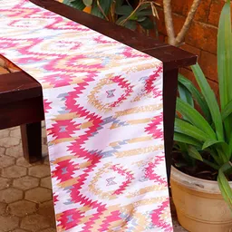 ZEBA Pink & Off White Polyester Ikat Printed 6-Seater Table Runner image 1