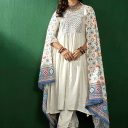 Sangria Embroidered Round Neck Straight Kurta With Trousers & Dupatta-54