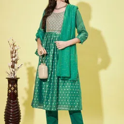 VredeVogel Floral Embroidered Chanderi Silk Kurta with Trousers & With Dupatta-image-28