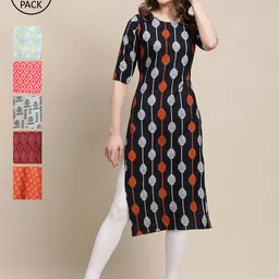 7Threads Women Pack of 6 Geometric Printed Block Print Crepe Kurta-image-8