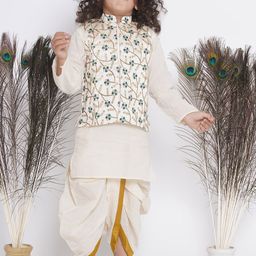 Little Bansi Boys Striped Kantha Work Pure Cotton Kurta with Pyjamas & Jacket-13