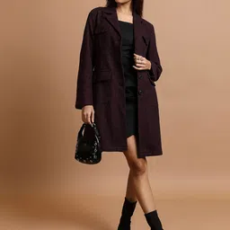 Tokyo Talkies Maroon Self Design Notched Lapel Long Sleeves Longline Overcoat-20
