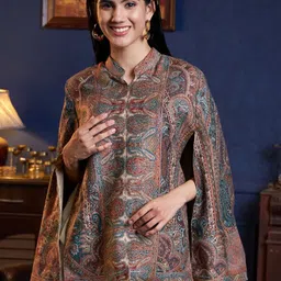 Zamour Abstract Printed Longline Jacquard Cape Jacket with Embroidered-34