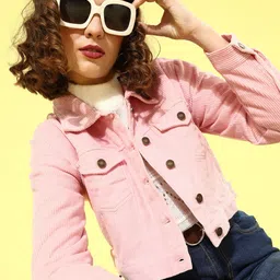 SASSAFRAS Women Pink Striped Corduroy Crop Trucker Jacket-54