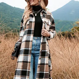 Mast & Harbour Khaki Coloured Checked Spread Collar Longline Open Front Jacket-picture-15