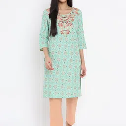 AURELIA - The Aure Collection Women Green & Peach-Coloured Ethnic Motifs Print Regular Kurta with Trousers-image-71