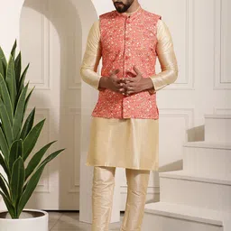 SOJANYA Band Collar Straight Kurta & Churidar with Nehru Jacket-picture-27