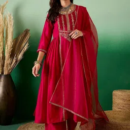 Sangria Red Ethnic Embroidered Zari Sequined Pleated Straight Kurta With Trouser & Dupatta-21