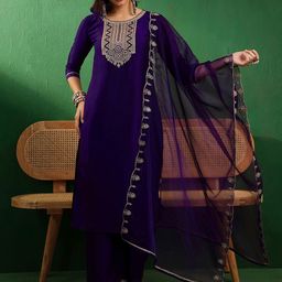 Sangria Embroidered Straight Kurta With Trouser & Dupatta Set-7