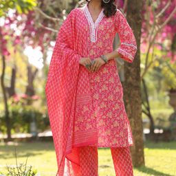 Varanga Floral Printed Regular Straight Kurta with trousers & with Dupatta-image-13