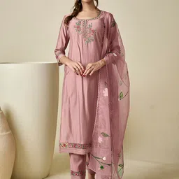Inddus Floral Yoke Design Thread Work Chanderi Cotton Kurta &Trousers With Dupatta-picture-27